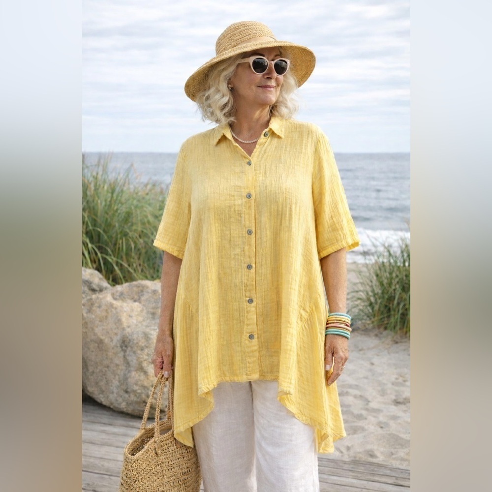 STARKx Womens Tunic Top XS Yellow Cotton Gauze Lagenlook Coastal Minimalist